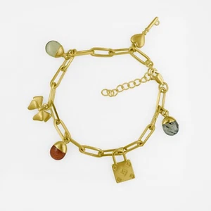 Multi Gemstone Lock & Key Charm 9" Long Adjustable Chain Bracelet For Women - Picture 1 of 4