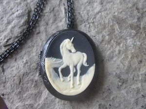 UNICORN CAMEO BLACK ENAMEL LOCKET - MAGICAL, MYSTICAL, UNIQUE, PEGASUS - Picture 1 of 3