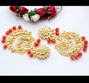 Indian Kundan Gold Plated Dangle Drop Earrings Women Ethnic Jewelry Wedding Set - Picture 1 of 2