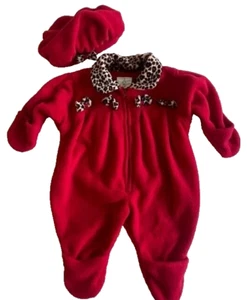 London Nebel rot Fleece Baby Wimpelkette mit Mütze und Faux Leopard Trim - 3/6MO. - Bild 1 von 4