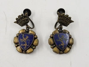 Vintage Heraldic Lion Blue Enamel And Gold-Tone Screw Back Earrings. Unbranded - Picture 1 of 6