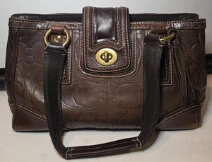 Coach Hampton Embossed Leather Handbag Dark Brown Turn Lock RARE Vintage - Picture 1 of 21