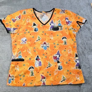VINTAGE PEANUTS Women's Halloween Orange Scrub Top Large Short Sleeve - Picture 1 of 11