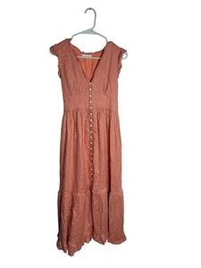 In Loom Dress Womens Medium Pink Ruffle Maxi Button Front Boho Lined Rayon - Picture 1 of 16