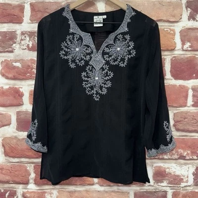 Top de perejil y salvia para mujer M negro multicolor hilo metálico boho floral camisa Foto 1 de 4