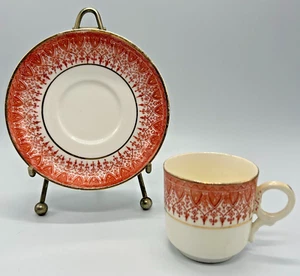 VINTAGE Ruskin English Demitasse Tea Cup & Saucer- Fleur de Lis- Red w Gold Trim - Picture 1 of 7