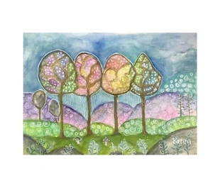 Painting By Kenna Original Rainbow Trees  A5 Unframed Watercolour  Signed - Bild 1 von 3