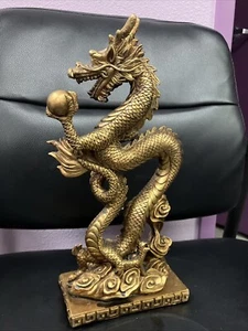 Chinese Antique Wooden Carvings Standing Dragon Statue Oriental Home Decor 16 In - Picture 1 of 16