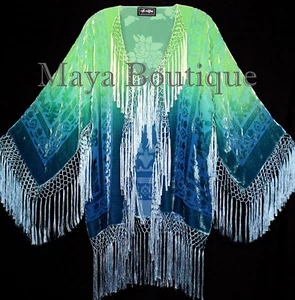 Burnout Velvet Silk Fringe Jacket Kimono Hand dyed Green Teal Maya Wearable Art - Picture 1 of 12