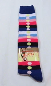 Womens Knee High Socks Thin colorful stripes Circles Blue Trim Size 9-11 Warm - Picture 1 of 3