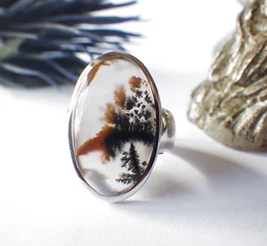 SCHMUCK-STCK RING Silber Dendritenachat 17 54 Cabochon ACHAT Unikat NEU - Picture 1 of 3