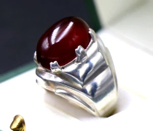 Anello ovale fatto a mano in argento sterling 925 rosso ciliegia agata yemenita Aqeeq - Foto 1 di 7