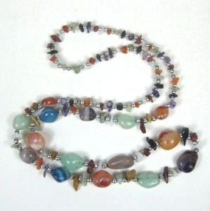 Agate Amethyst Jade Stone Chip Beaded Necklace 36 in Silvertone Strand - Picture 1 of 9
