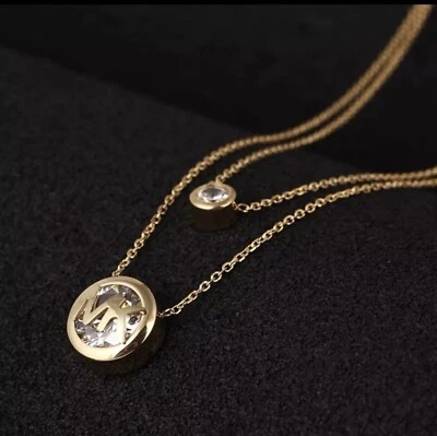 Nuevo MK Logo Collares Colgantes Cadenas Dobles Tono Dorado Foto 1 de 3