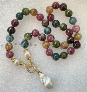 Multicolor Tourmaline Round Gems Bead White Keshi Baroque Pearl Pendant Necklace - Picture 1 of 13