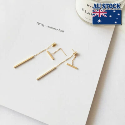 Aretes colgantes con línea de palo delicados enchapados en plata de ley 925 y oro Foto 1 de 4