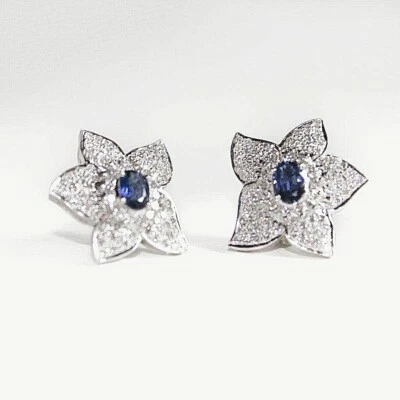 Sapphire and Diamond 18k Yellow Rose or White Gold Earrings Floral Omega Backs - Image 1 of 2