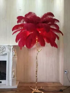 Tall XL Modern Sleek Maroon Ostrich Feather Palm Tree Gold Trunk Floor LED Lamp - Picture 1 of 1