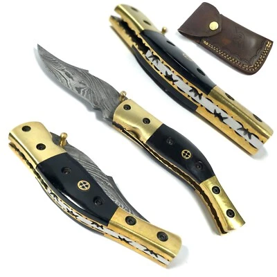 Handmade Klapp Messer Einhandmesser Damast Outdoor Jagdmesser + Lederhülle HSW