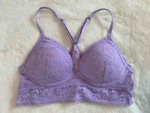 Victoria's Secret Bralette Bra Long Line Crop Padded Purple Lace Pretty Medium M - Picture 1 of 8