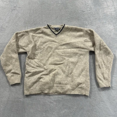 Suéter Pullover Vintage Antiguo Azul Marino Cuello Hombre Grande Beige 100% Lana de Cordero Foto 1 de 4