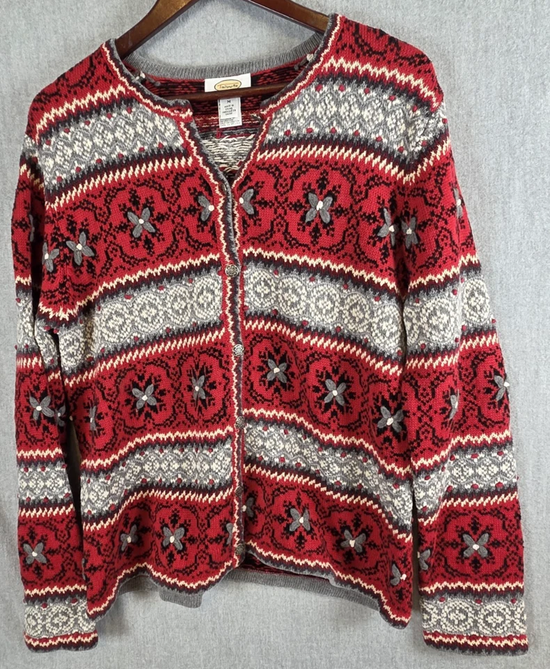 TALBOTS Silk Mix Embroidered Cardigan Sweater Womens M Fair Isle Holiday Red - Image 1 of 4