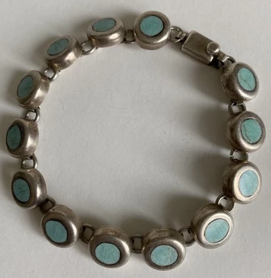 Винтажный браслет из чистого серебра с инкрустацией бирюзой ручной работы в Мексике - Изображение 1 из 4