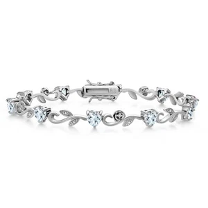 925 Sterling Silver Heart Shape Aquamarine and White Lab Grown Diamond Greek - Picture 1 of 4