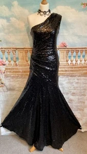 Evening Dress 8/10 Black Sequin Fishtail Goddiva Ballgown Deco 1920 Stretch Long - Picture 1 of 7