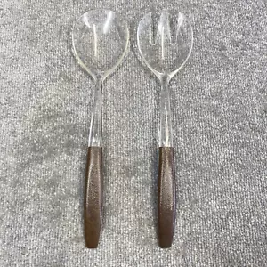 Vintage Mid Century Modern Salad Spoon Server Set Brown Clear Danish Plastic - Picture 1 of 8