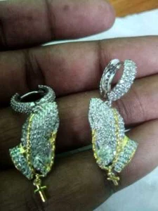 1.00 Ct Round Cut Simulated Diamond Praying Hand Dangle Earrings 925 Sterling - Picture 1 of 6