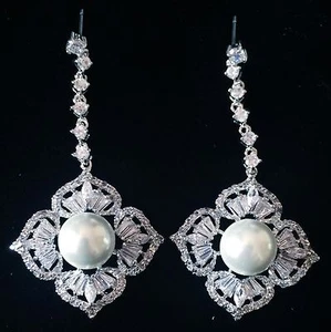 OHRRING aus Swarovski Kristall Hängel Hochzeit Braut Rhodium Silber Perle - Bild 1 von 9