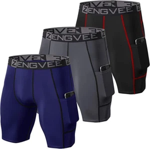 3 Pack Men'S Compression Shorts Cool Dry Running Base Layer Shorts with Phone Po - Picture 1 of 6
