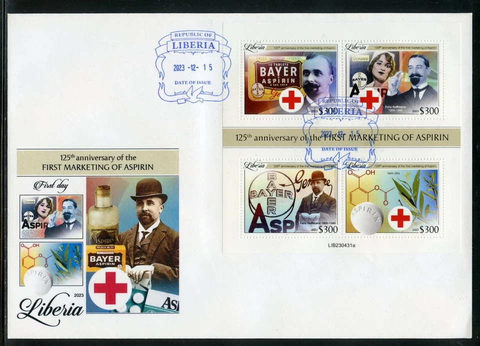LIBERIA 2023 125th ANNIVERSARY OF THE MARKETING OF BAYER ASPIRIN SHEET FDC - Image 1 of 1