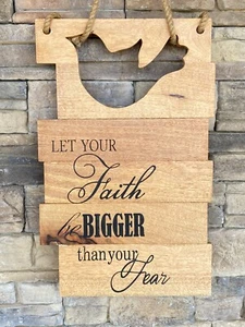 Let Your Faith BE Bigger Than Fear Rustic Wood Wall Hanging Sign Rope 20”x13” - Picture 1 of 5