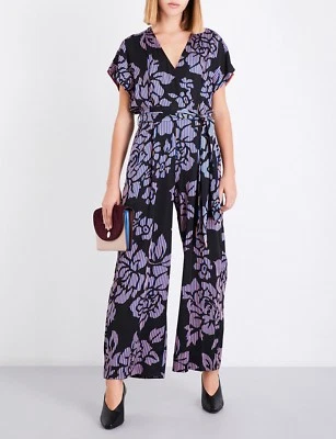 Pantalón Mono DIANE Von FURSTENBERG DVF Negro Estampado Floral Cintura Atada Cinturón 12 L Foto 1 de 4