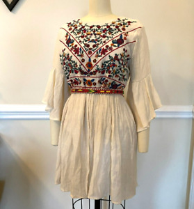 Umgee Women’s Embroidered Boho Dress, Size L, with Vintage Beaded Leather Belt