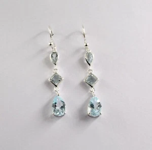 Solid 925 Sterling Silver Jewelry Pear Faceted 4cm Blue Topaz Earrings SE1764 - Picture 1 of 7