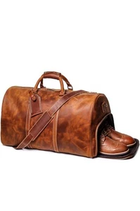24" Leather Weekender Bag with Shoe Compartment,Classic Mens Leather - Picture 1 of 8