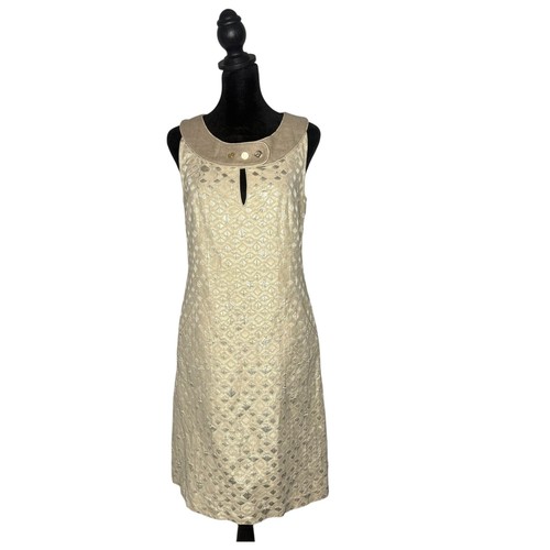 Abito corto Tory Burch testurizzato geometrico oro taglia 6 tasche senza maniche festa