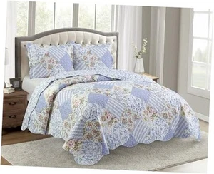 Patchwork, 3-Piece Quilt Set with 2 Shams, Quilt Set Queen Blue Rose - Picture 1 of 8