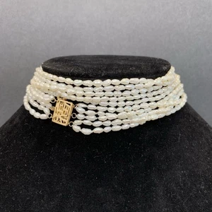 VTG 14k YG Rice Pearl Necklace Good Luck clasp 5 Multi strand 70s Adj 24” - Bild 1 von 11