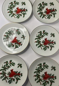 Lefton China 8” Cardinal Holly Gold Trim 01061 Salad Christmas Plates Set Of 6 - Picture 1 of 8