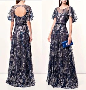 Marchesa Notte Lentejuelas Flor A Tul Malla Imperio Azul Marino Talla 2 (XS) - Imagen 1 de 19