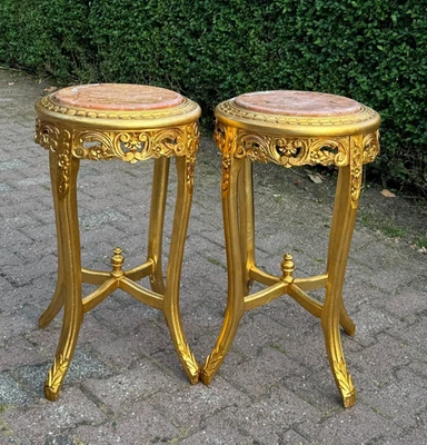 Side Tables Pair French Louis XVI Gold Gilt with Pink Marble Tops Vintage - Image 1 of 4