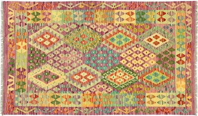 Afghan Maimana Kelim Teppich Handgewebt 100x150 Bunt Geometrisch Orient Wolle - Bild 1 von 4