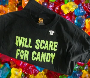 Neu Halloween T-Shirt Größe M Will Scare For Candy Kinder Unisex schwarz Kostüm Tee - Bild 1 von 4