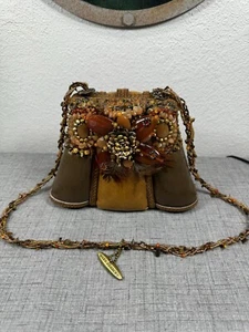 Retired Mary Frances Designer Faux Brown Leather Gemstone Beaded Purse Bag - Picture 1 of 12