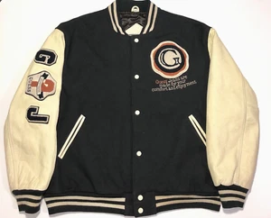 VTG Guess Club Letterman Jacket L Black Ivory Wool Leather Embroidered Patches - Picture 1 of 18