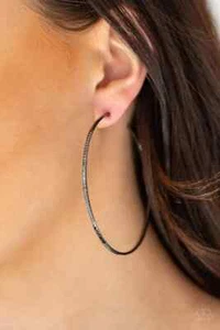 Paparazzi "Sleek Fleek" Etched Textured Gunmetal Hoop Earrings, 2-3/4" Diameter - Picture 1 of 2